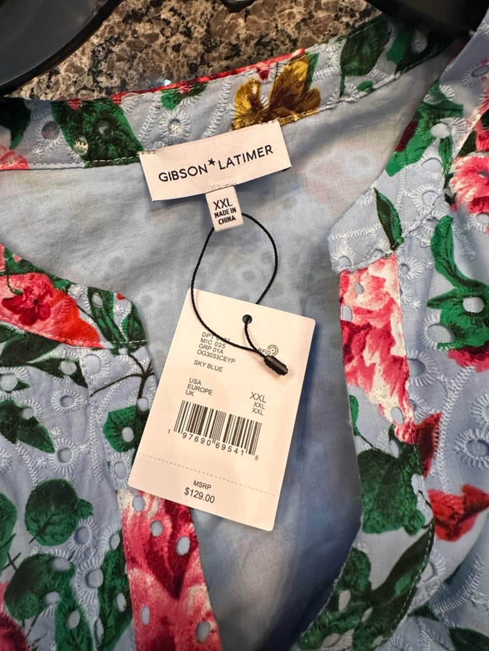 Gibson Latimer Light Blue Eyelet Midi Dress with Pink & Green Floral Print - Picture 5 of 6
